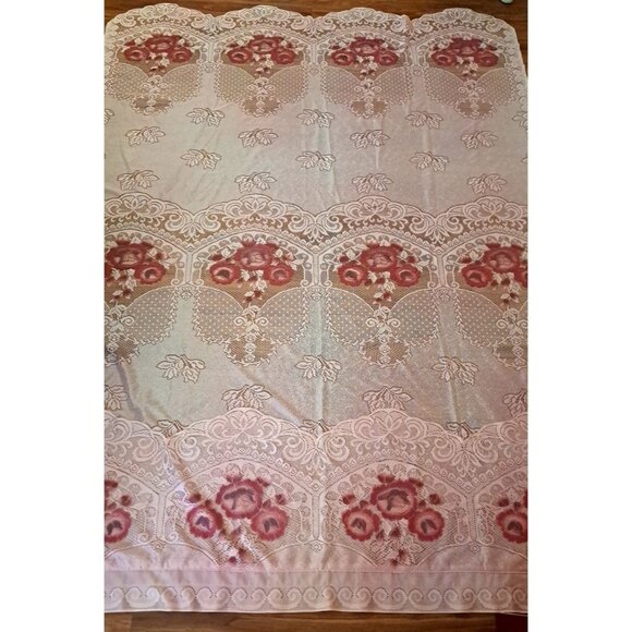 Pink Lace Curtain Panel Attached Valance Sheer Roses Art Deco Style 80x60 - Picture 5 of 6